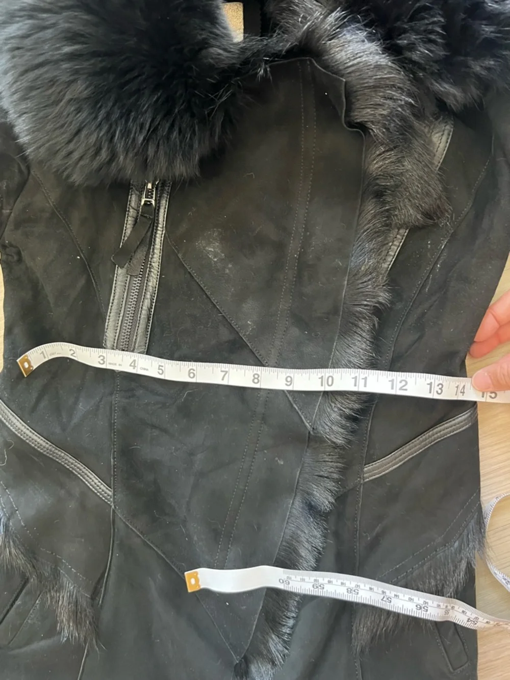 Black Real Suede Lamb Leather w Fox Fur Collar Moto Jacket XS - Picture 13 of 15